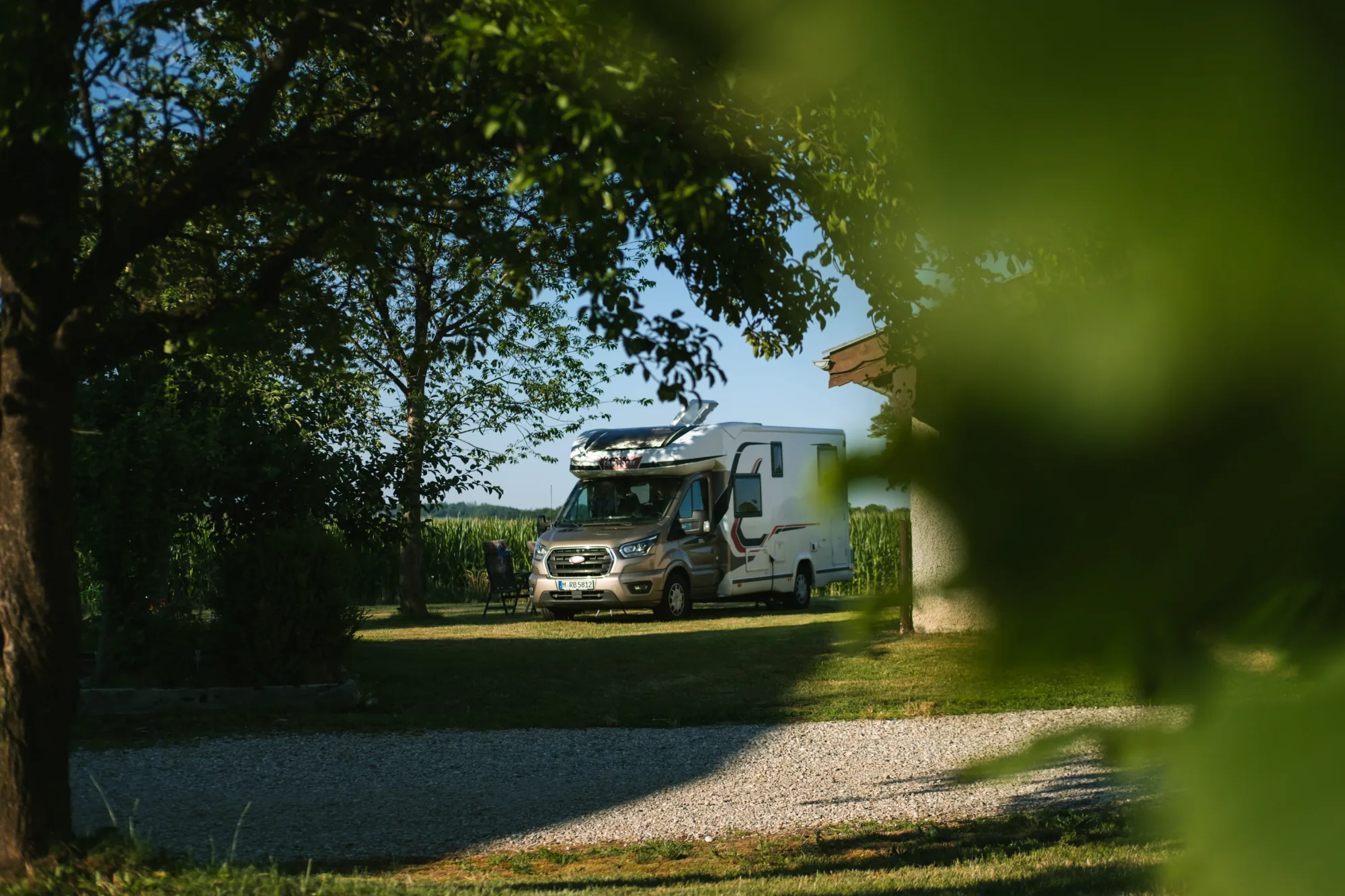 Wohnmobil eingerahmt von Baumkronen